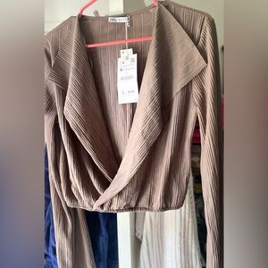 New Zara Pleated Wrap Top Sz M, Color Mink